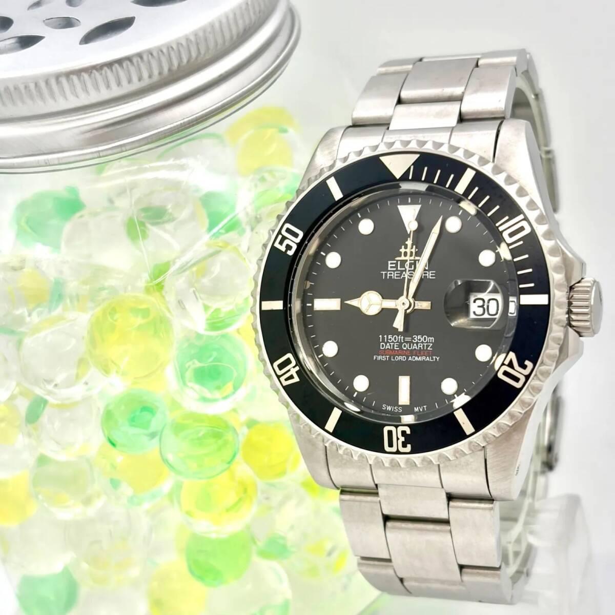 Used [New battery] ELGIN Submarine Fleet Men s Watch 350m Diver Rotating Bezel FK-272 206029 Genuine Belt
