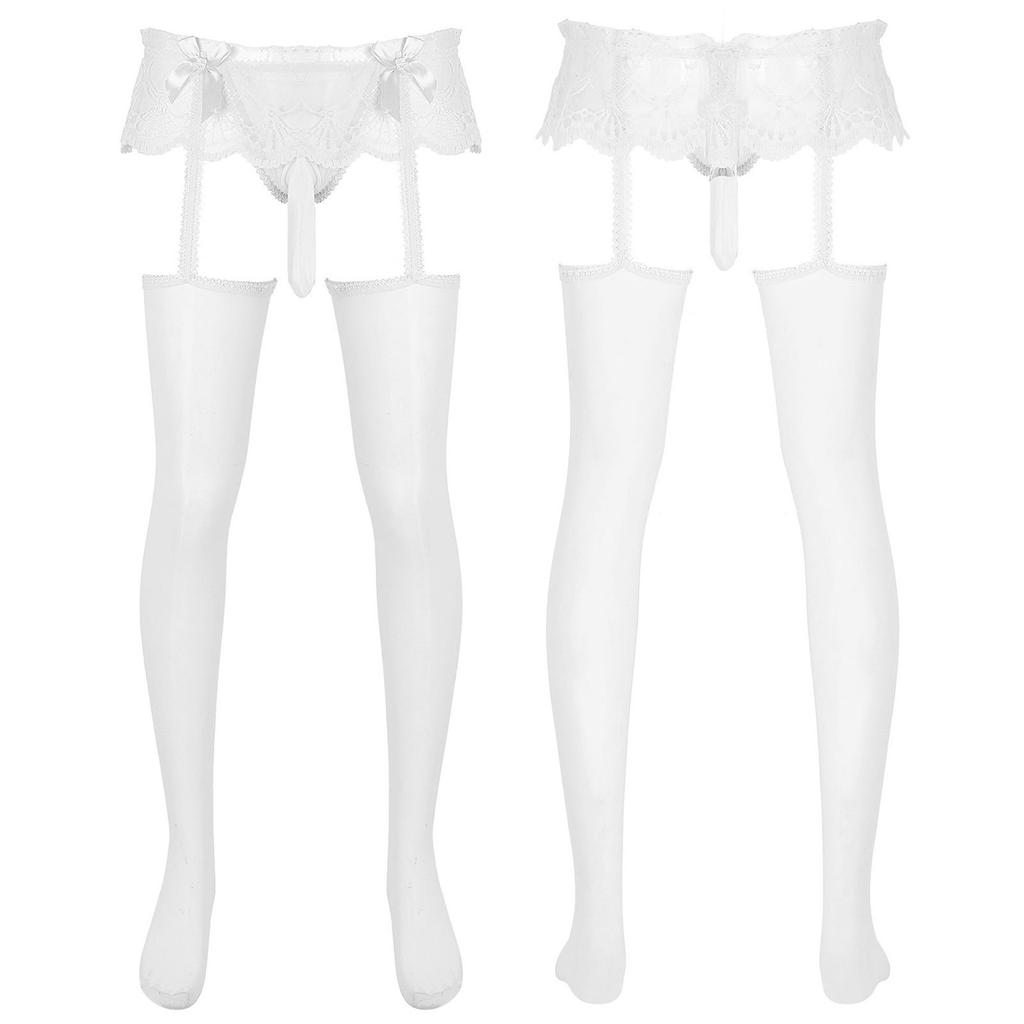 Dresuri transparente din dantelă pentru bărbați, fustă decupată, buzunar bombat, string, jartiere lucioase, lenjerie de noapte sissy