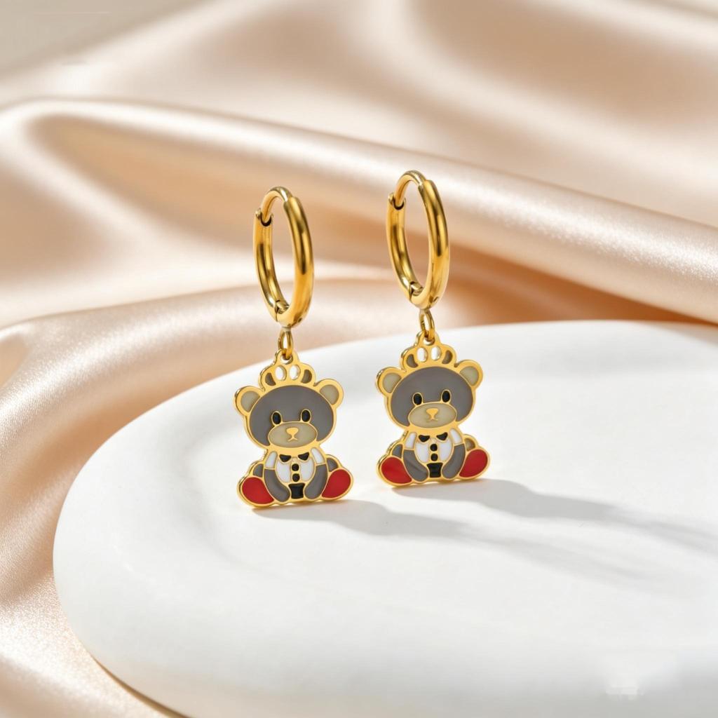 Dainty Cute Bear Pendant Earrings for Women Girl Hypoallergenic Stainless Steel Cartoon Drop Earrings Fashion Jewelry Gifts