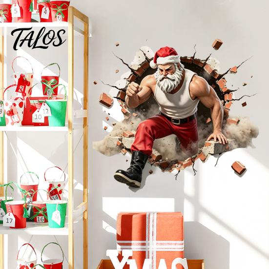 Festive Home Decorations Muscle Santa Claus Break Through Wall Christmas Decal, 3D Cracked Brick Creative Ornaments Self‑Adhesive Sticker,