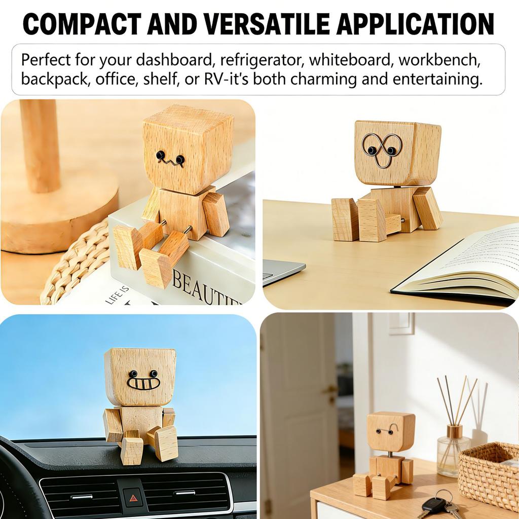 Handmade Shaking Wooden Figurine with 12 Magnetic Interchangeable Faces & Spring Legs - Stress Relief Home Decor Accent for Office Desk, Car Dashboard