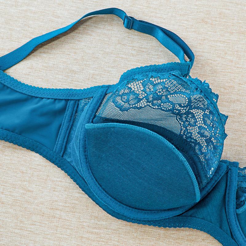 Women Large Size Lace Thin Cotton Cups Gather Bra Full Coverage Minimizer Jacquard Non Padded Lace Sheer Bra