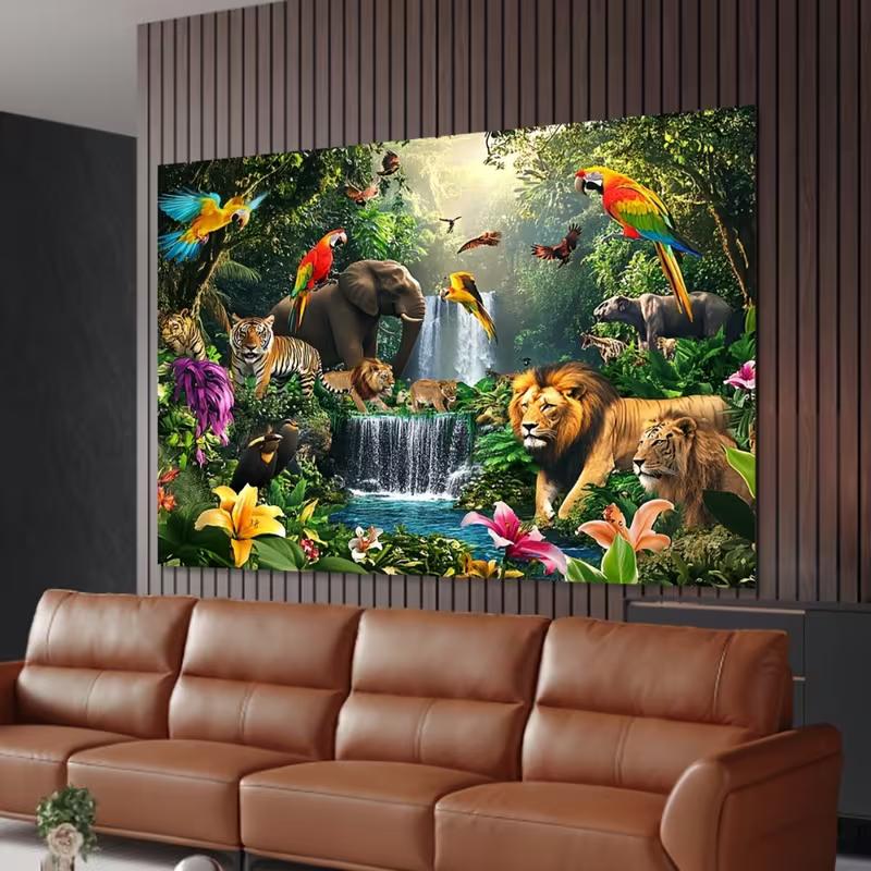 Jungle Animal Waterfall Tapestry Wall Hanging for Home Decor