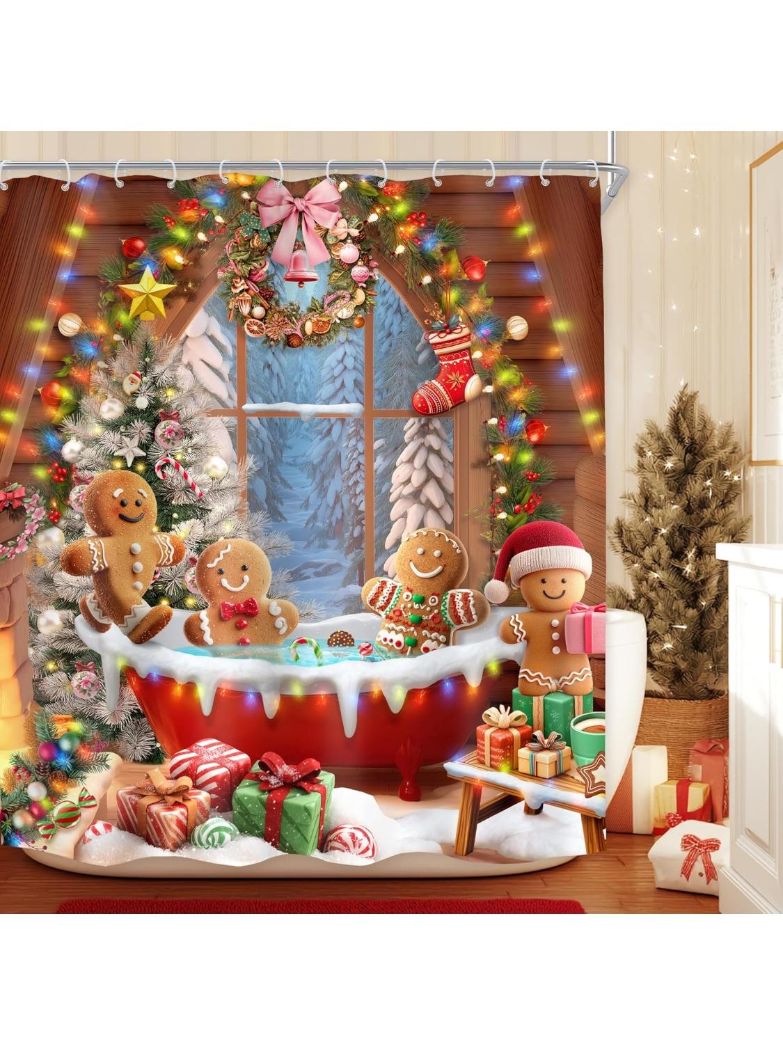 

Christmas Shower Curtain For Bathroom Decor Funny Cute Brown Gingerbread Man In Bathtub Winter Xmas Trees Holiday Kids Fabric W60H190(CM)-1 Pcs