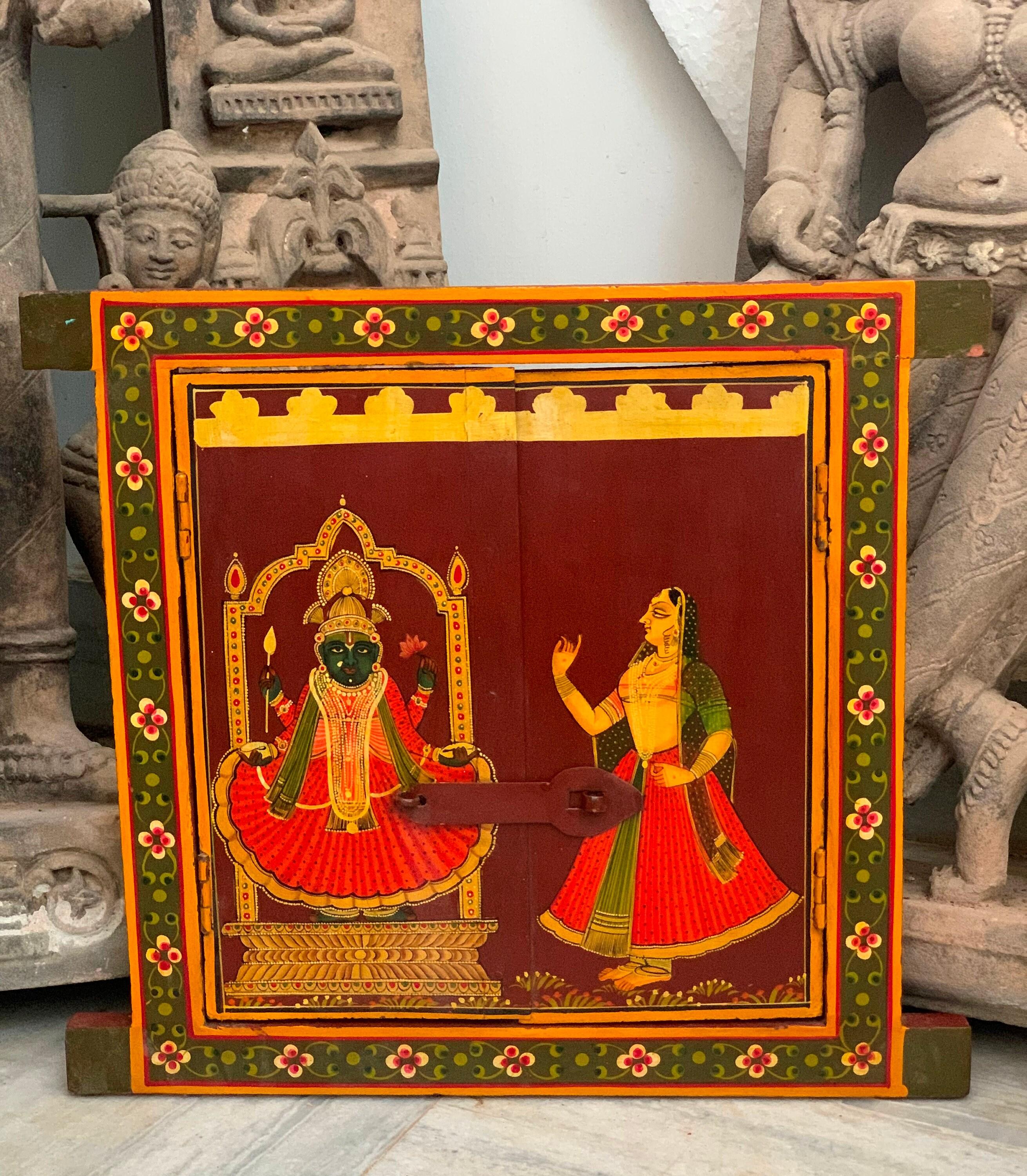 Vintage Hand Painted Hindu Goddess Wooden Window - Indian Jharokha Wall Decor разноцветный