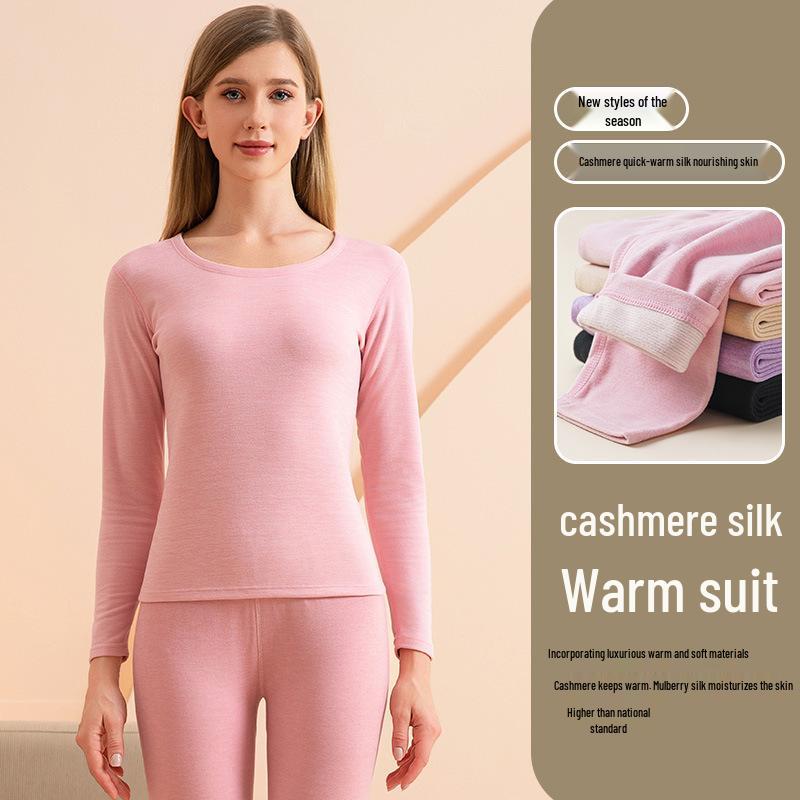 Men's and Women's Cashmere Silk Fleece-Lined Seamless Underwear Set for Autumn/Winter - Includes Base Layer Top and Pants