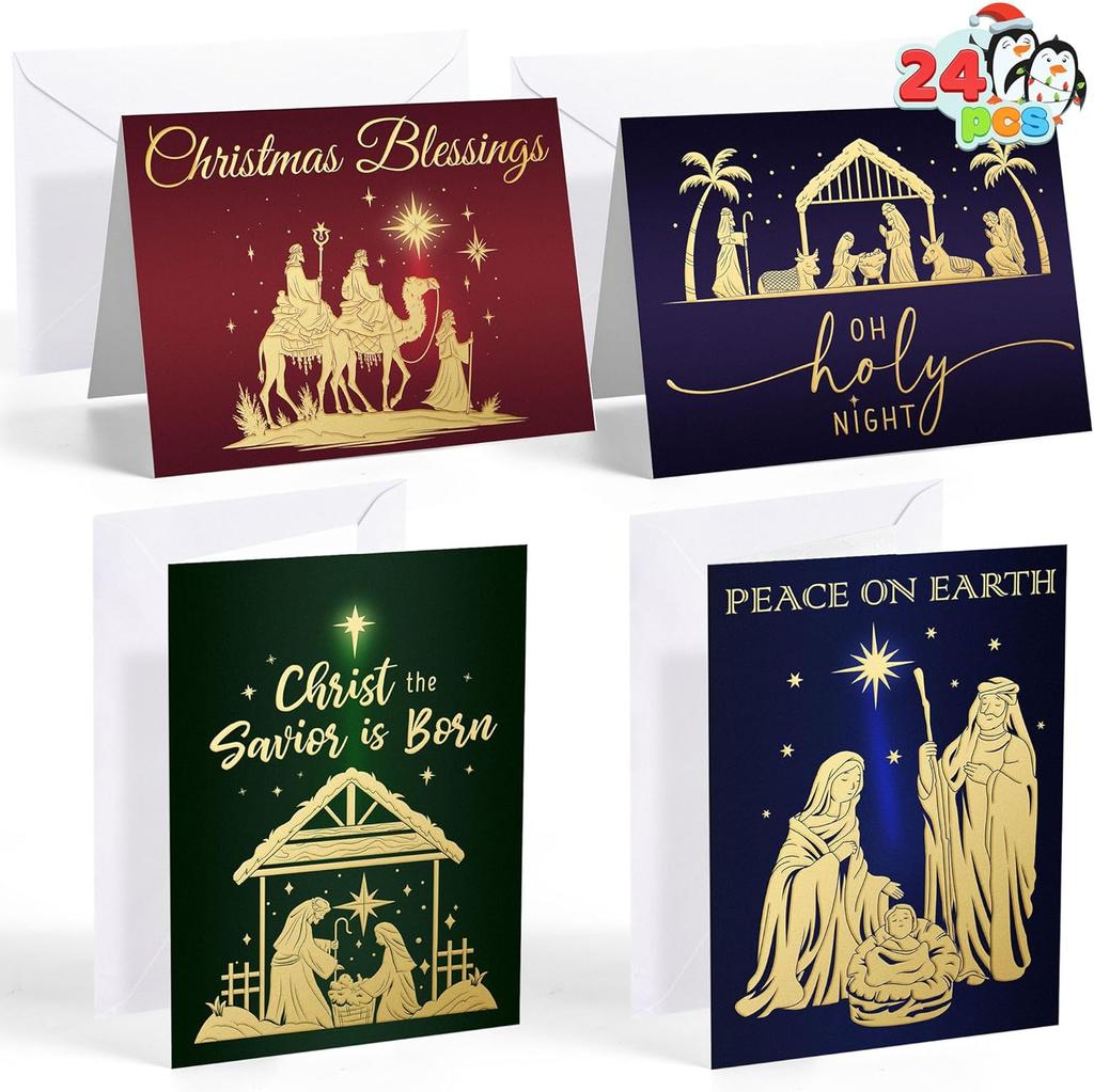 JOYFY 24 Tarjetas de Felicitación Religiosas de Navidad con Sobres 4 Diseños Set en Caja para Invierno Navidad Temporada Navideña Tarjetas Regalos