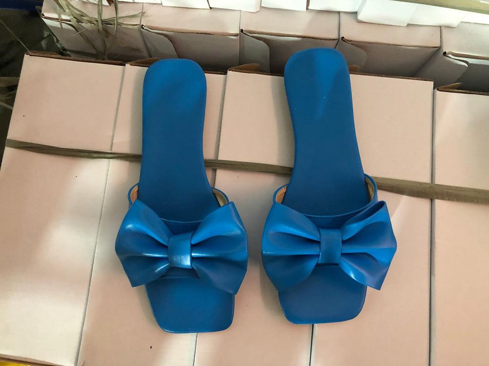 Fashion Women's Slippers Pink Leather Flat Slippers for Women Summer Square Toe Bow Sandals Woman Slides Outdoor Non-slip Beach Slippers