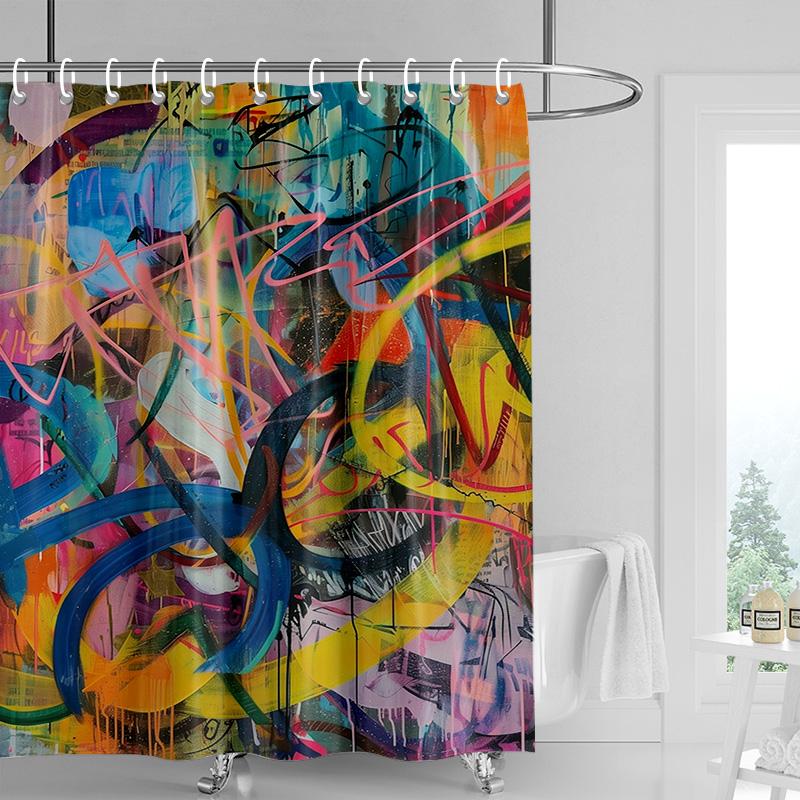 Graffiti Art Shower Curtain-Neon Splash Waterproof Bathroom Decoration with Handwritten Edge, Modern Bathtub Shower Curtain