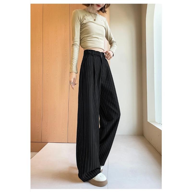 Herbst Vintage Gestreifte Lockere Damen Weite Hosen Knöpfe Frühling Hohe Taille Gerade Büro Voll Langes Hosen