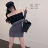 Contrasting Color Splicing Long-sleeved Dress Women's Spring New Slim-fit One-word Collar Off-the-shoulder Solid Color Temperament Hip-wrapped Short 