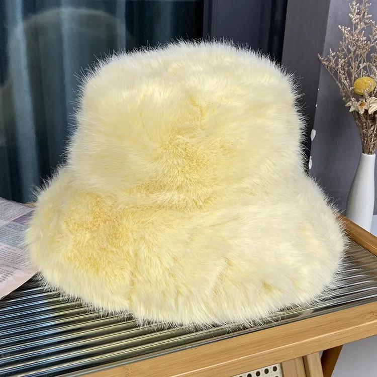Fluffy Faux Fur Bucket Hats Women Rabbit Fur Warm Thick Plush Winter Hat Lady Fashion Luxury Panama Furry Fisherman Cap Y2K