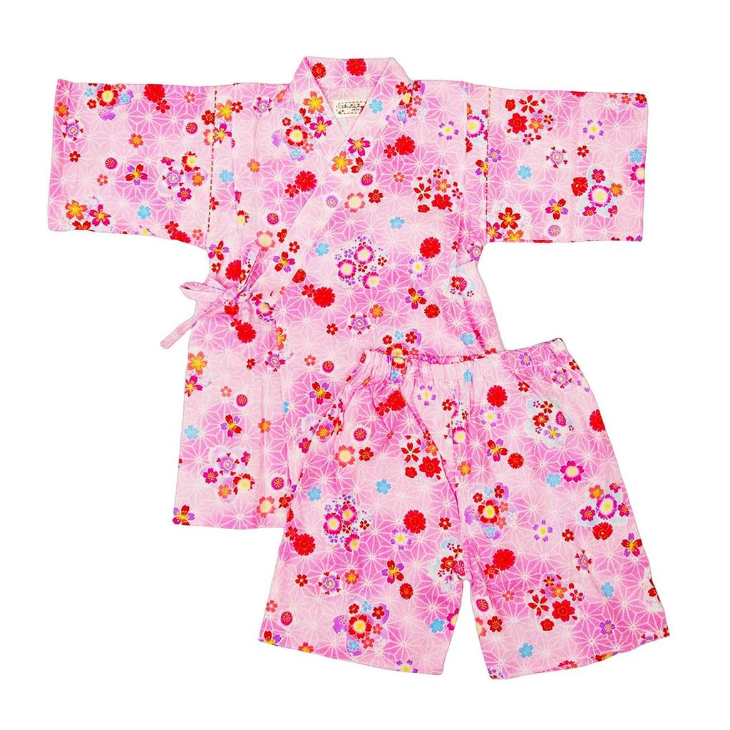 Jinbei for Top and Bottom Floral 120cm Girls, Kids, 100% Cotton, Set, Print, Pink,