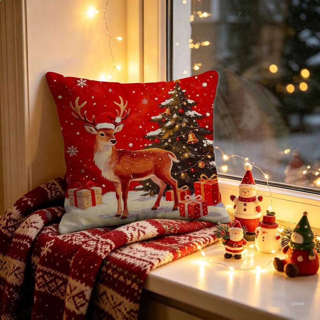 Christmas Pillowcase Grey Red Cartoon Santa Snowman Elk Sofa Cushion Cover Home Bed Car Decor Merry Christmas 45cm X 45cm