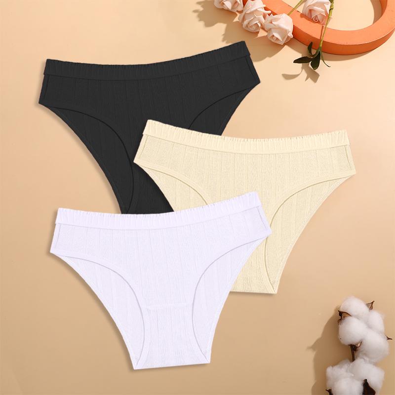 FINETOO 3Pcs/Set Cotton Striped Stretchy Underwear Women's Low Waist Panties Sexy Elastic Wide Belt Solid Color Briefs Comfort Lingerie