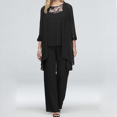 Chiffon Casual Three-piece Set with Elegant Lace Trim and Slim-fit Straight Leg Pants for Plus Sizes