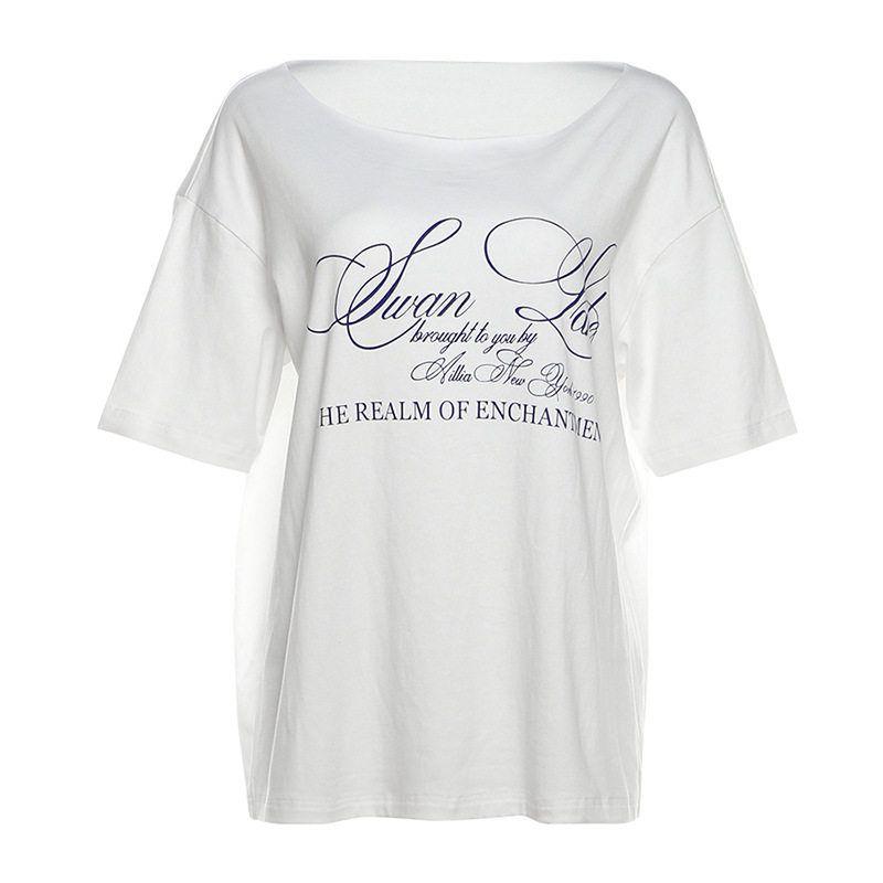 

Foreign Trade 2025 Summer New Women s Clothing American Street Fashion Letter Print One-Shoulder Short-Sleeve Loose T-Shirt Top White XL