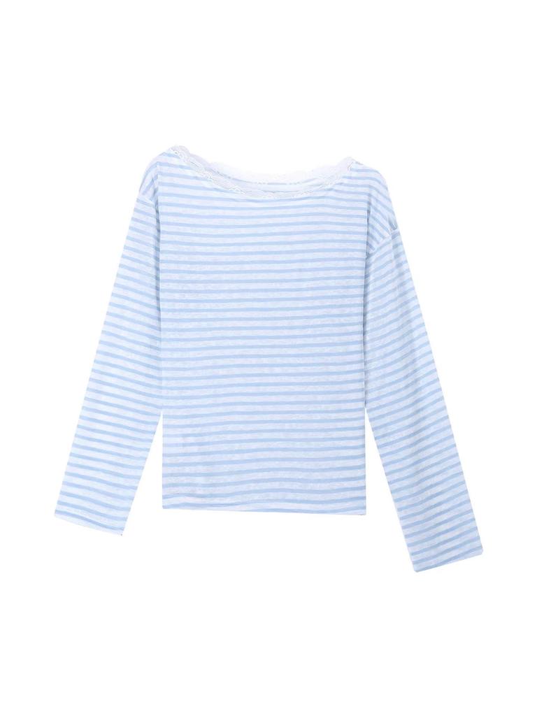Chic Lace Patchwork Striped Off-the-Shoulder Long-Sleeve T-Shirt for Women in Korean Style