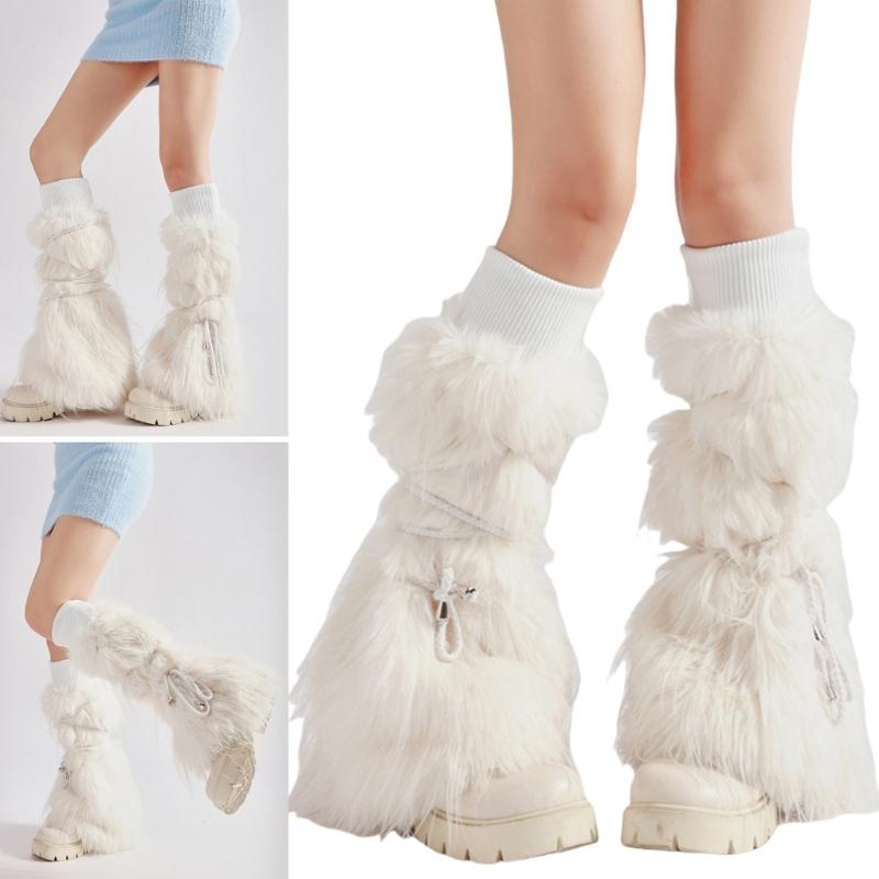 Women Harajuku Ribbed Cuffs Plush Leg Warmers with Ties Bandage Furry Boot Covers Flared Leg Sleeves Footless Socks