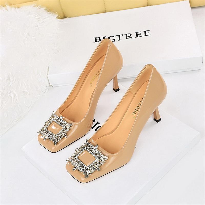 Fashion Elegant Women's Thin High Heels Shallow Mouth Cut Patent Leather Square Toe Metal Rhinestone Buckle Single Shoe