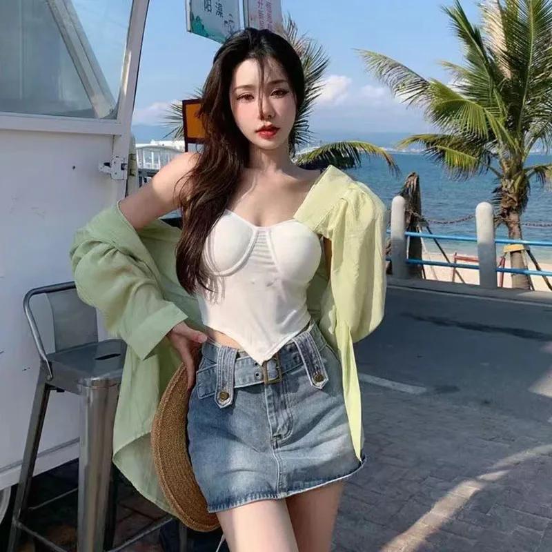 Thin Long Sleeve Sunscreen Shirt Woman Back Split Lace Up White Shirts Women Casual Loose Holiday Beach Blouse