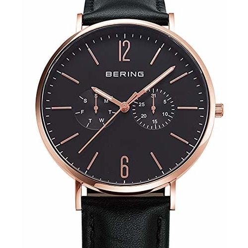 BERING (Bering) Men's & Women's (Unisex) Watch, Black Calf Leather & Black Stainless Steel, with Two Mesh Straps, Rose Gold Sapphire Crystal, Changes,