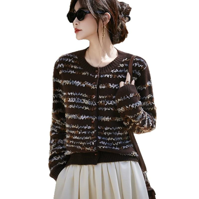 Dámský luxusní pletený vlněný kardigan - Volný střih, kulatý výstřih, svetr s dlouhým rukávem pro podzim/zimu