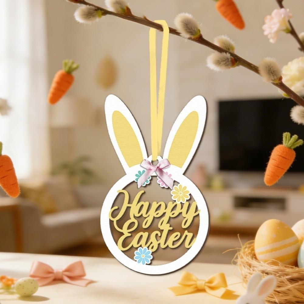with Bows String Easter Tree Decor Wooden Rabbit Hanging Ornaments  Office Decoration