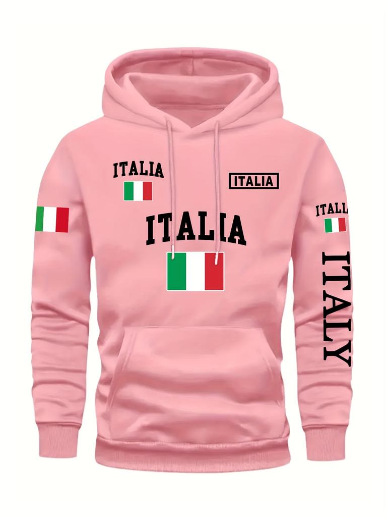 Men's Stylish Graphic Hoodie Black Casual Pullover Front Pocket Comfortable Polyester Blend Machine Washable Italy Sweatshirt