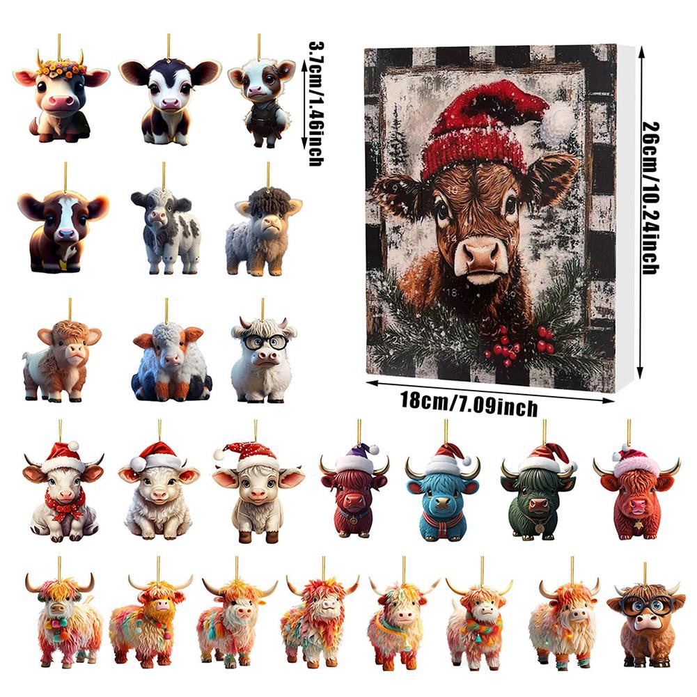 Christmas Advent Calendar 24 Pcs Highland Cow Ornaments 2D Acrylic Cute Animal Christmas Tree Decorations Xmas Countdown Gifts
