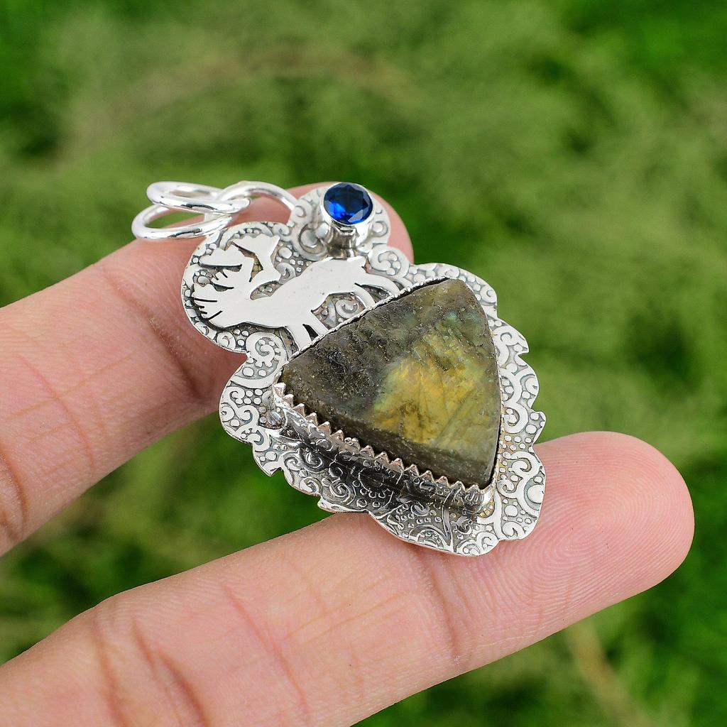 Trillion Natural Labradorite Rough Tanzanite Quartz Pendant 925 Sterling Silver