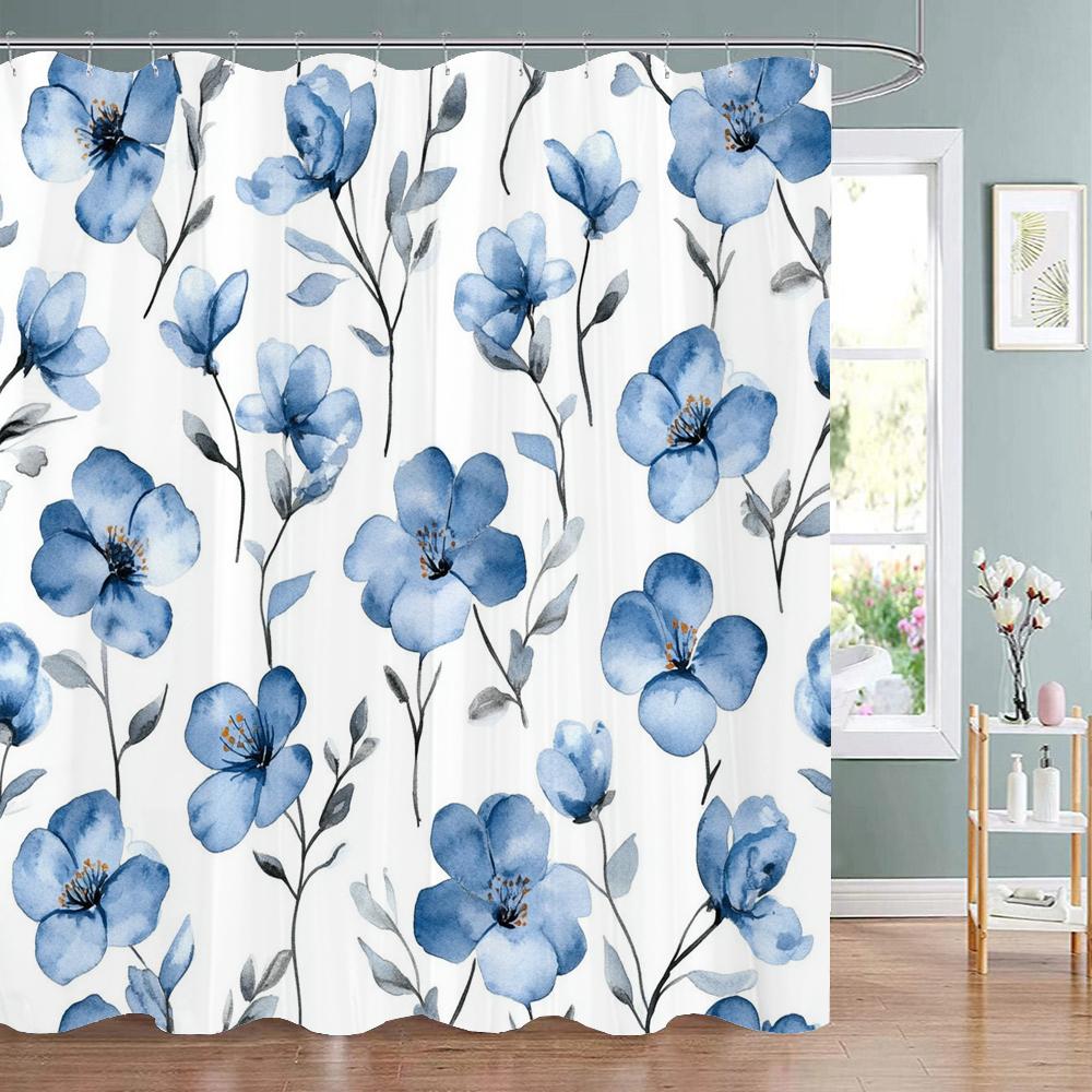 Modern Watercolor Blue Flowers Print Shower Curtain, Polyester Shower Curtain with Hooks for Bathroom Decorative Shower Curtain