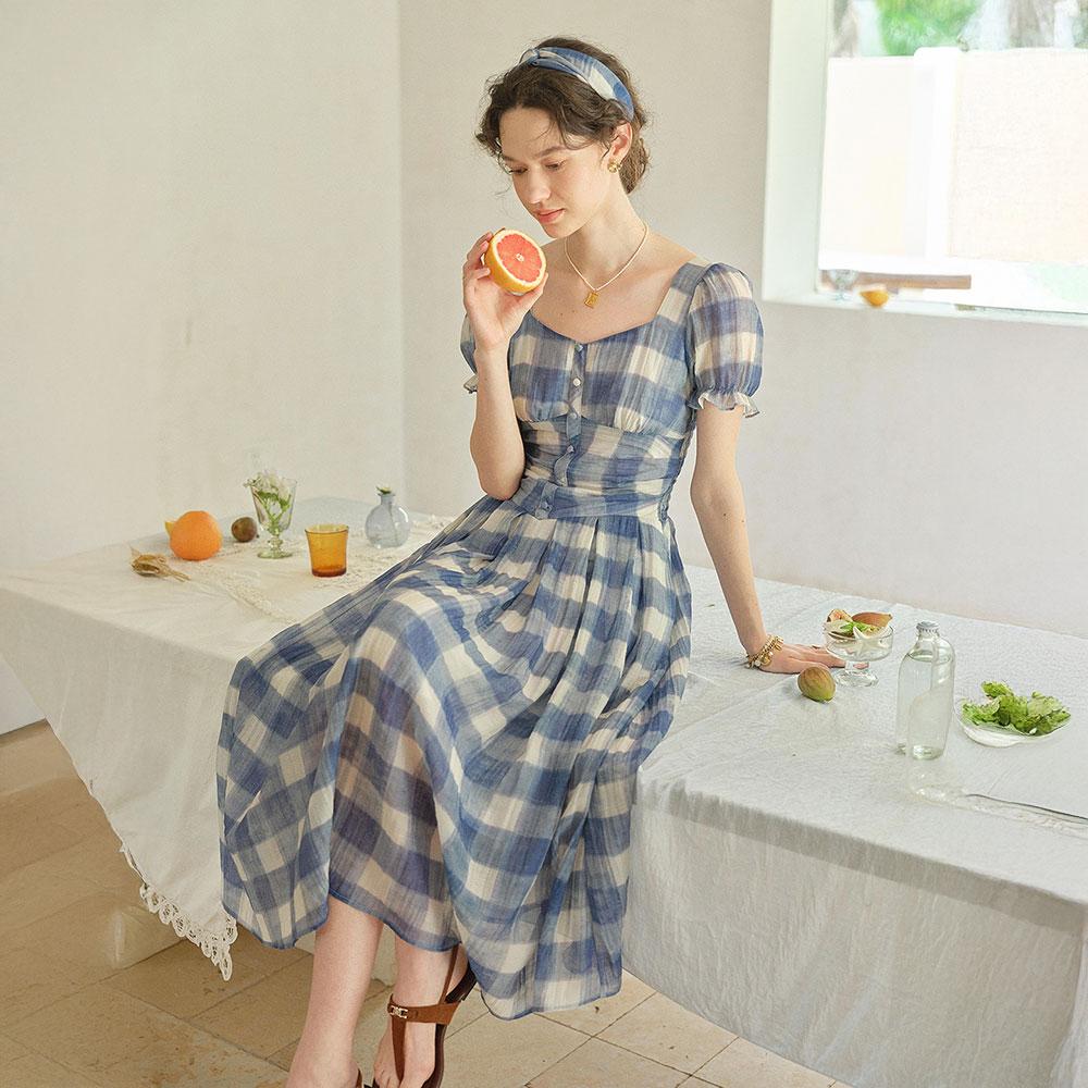 Simpeulleteulo Sr_Blue Checkered Cinching Dress