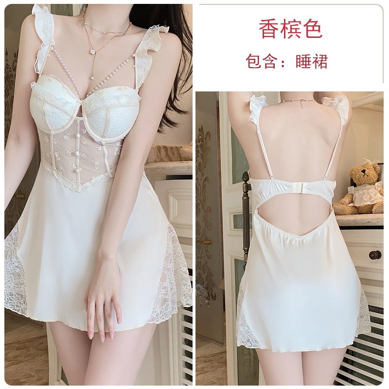 Pure Desire Mesh Gathering Plus Chest Pad Perspective Temptation Hollow Backless Nightdress Robe Loungewear Set