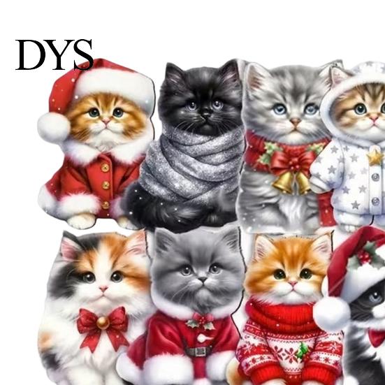 Festive Party Supplies Cute Cat Christmas Ornaments, 2D Wooden Cartoon Tree Xmas Gift for Friends Hanging Decorations Winter Holiday Home Decor