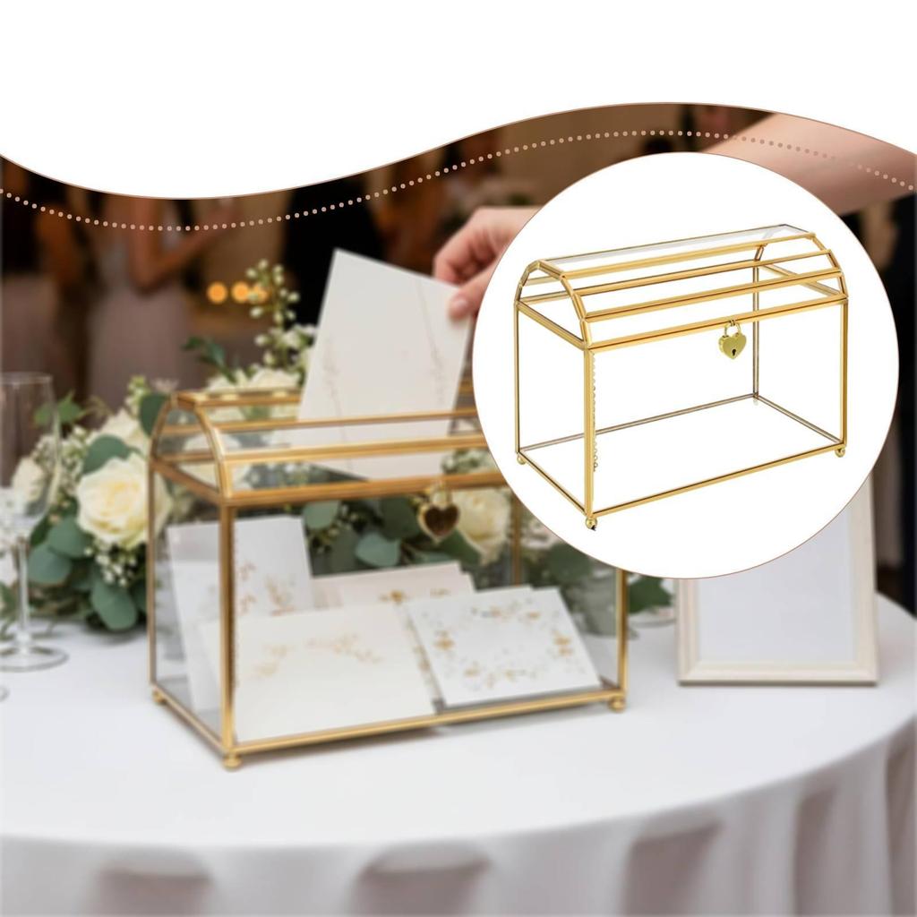 Glass Wedding Card Box, Decoration Versatile, Gold, Wedding Card Holder, Storage Container with Slot and Lock for Birthday Party