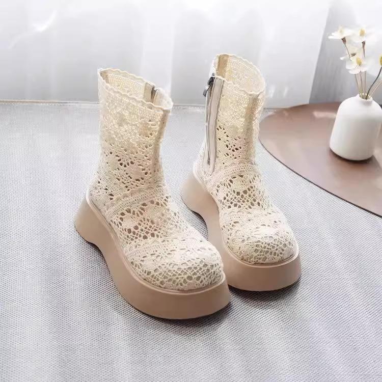 Women's Summer Breathable Boots Thin Hollow Lace Mesh Ankle Boots with Chunky Sole Boho Style