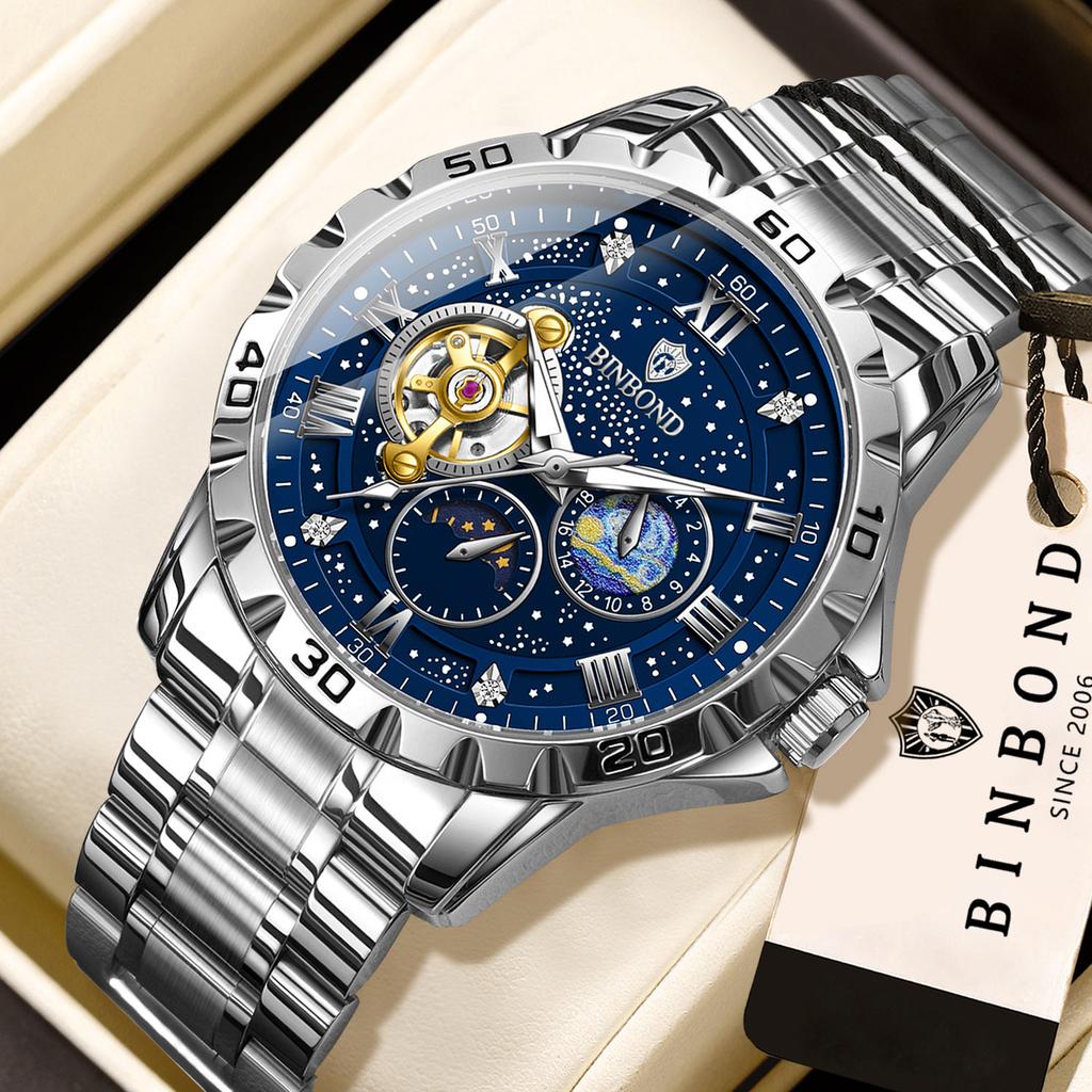 BINBOND Mechanical Wristwatches For Men Tourbillon Luminous Relojes Waterproof Automatic Men's Watch Skeleton Luxury Reloj +Box