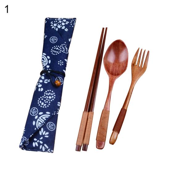 Portable Travel Chinese Style Wood Chopsticks Spoon Fork with Storage Pouch