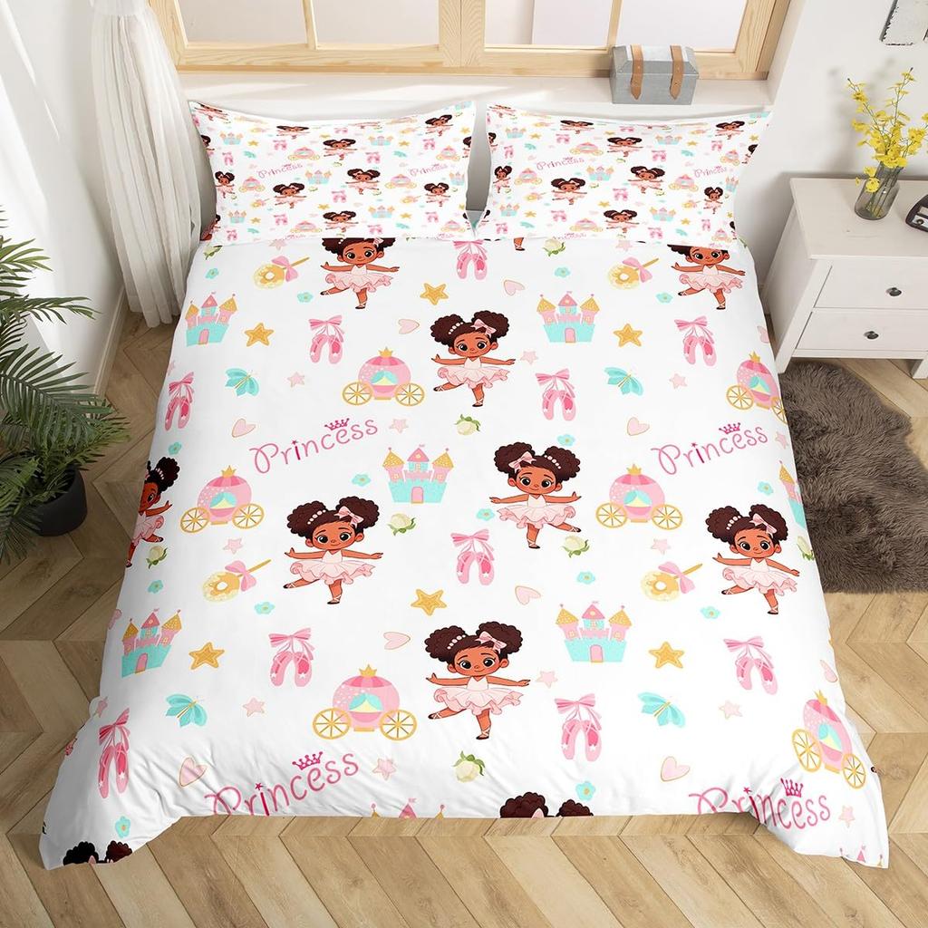 Cartoon Girl Pink Princess Duvet Cover Kawaii Castle Carriage Bedding Set,Ballet Dancer Comforter Cover Star Flower Quilt Cover