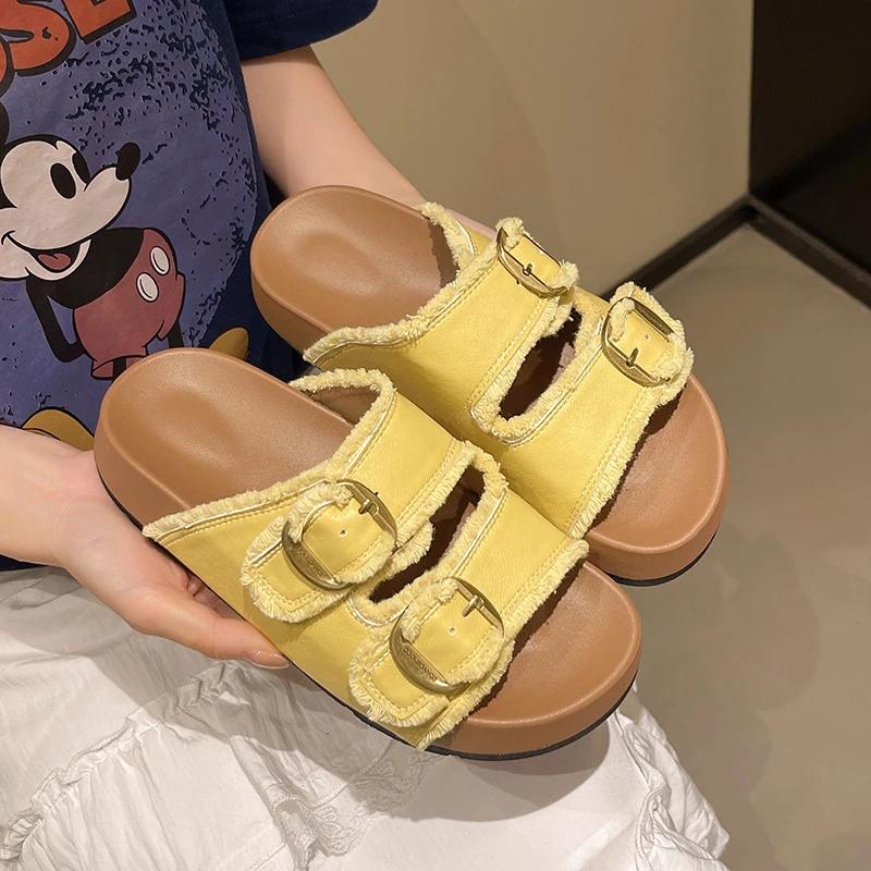Fashion New Slippers Female Platform Shoes Slides Fashion Woman Soft Luxury Beach Hoof Heels Rome Rubber Casual Double Buckle Non-slip