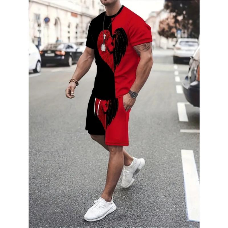 

Men s Colorful Heart-shaped Printed 2-piece Clothing Set, Short Sleeved T-shirt and Shorts Set, Suitable for Summer XL