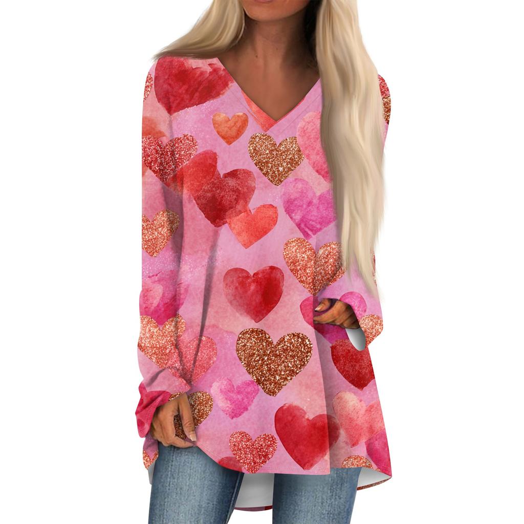 Women's Fashionable Casual Long-Sleeved Valentine's Day Print V-Neck Mid-Length Top