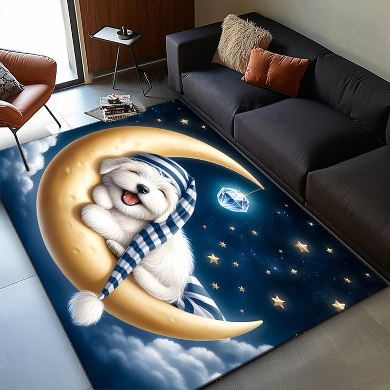 Dreamy Dog on Crescent Moon Rug Whimsical Night Sky Carpet for Playful Decor Soft Kids' Room Accessories Skid resistant carpet