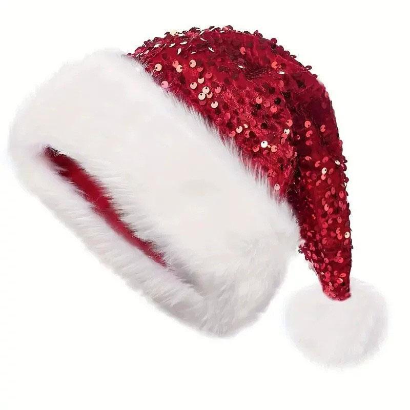 1pc Sequin Kids with Long Fluffy Solid Color Glitter For Adult Santa Claus Hat
