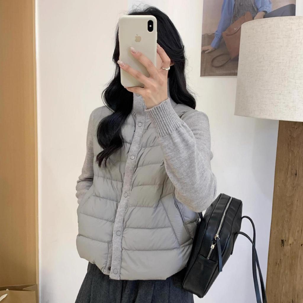 Dongju Good-looking Knitted Stand-up Collar Splicing Ribs Down Jacket Women's Short Warm and Light Bottoming Jacket