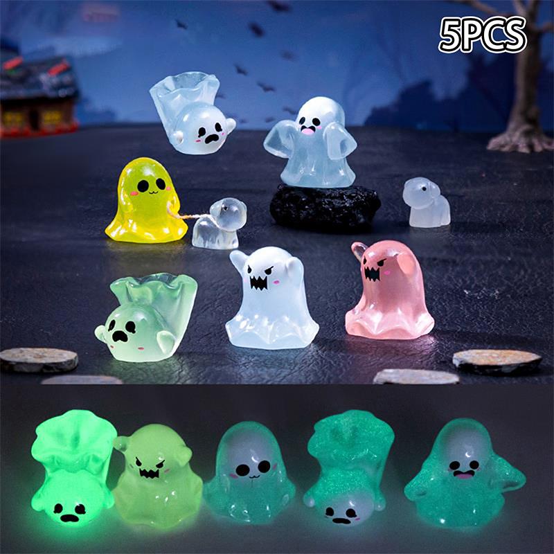 5 szt. Urocza lalka duch świecąca w ciemności, miniaturowe modele, dodatek DIY, dekoracja domku dla lalek, ozdoby na Halloween, zabawka świecąca w ciemności