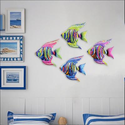 4 Stück Holzfisch Wanddeko Küsten-Tropenfisch Wandkunst Nautisch Strand Thema Meeresbewohner Hängende Skulptur für Badezimmer Wohnzimmer Terrasse Dekoration