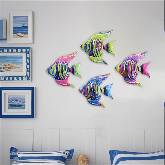 4 Stuks Houten Vis Wanddecoratie Kust Tropische Vis Muurkunst Nautisch Strand Thema Oceaan Dier Hangende Sculptuur voor Badkamer Woonkamer Terras Decoratie