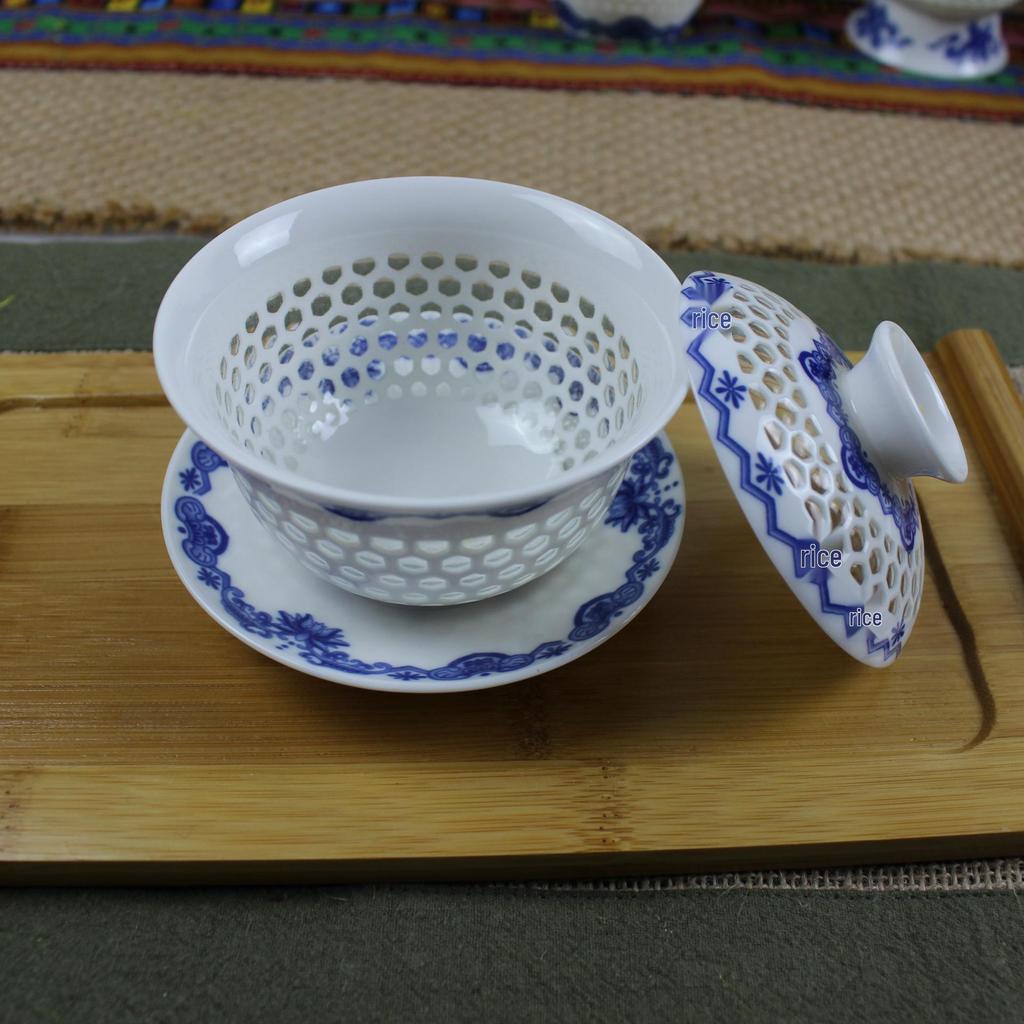 Exquisite 10-Piece Honeycomb Ceramic Kung Fu Tea Set with Teapot, Gaiwan, and Cups In a Gift Box.